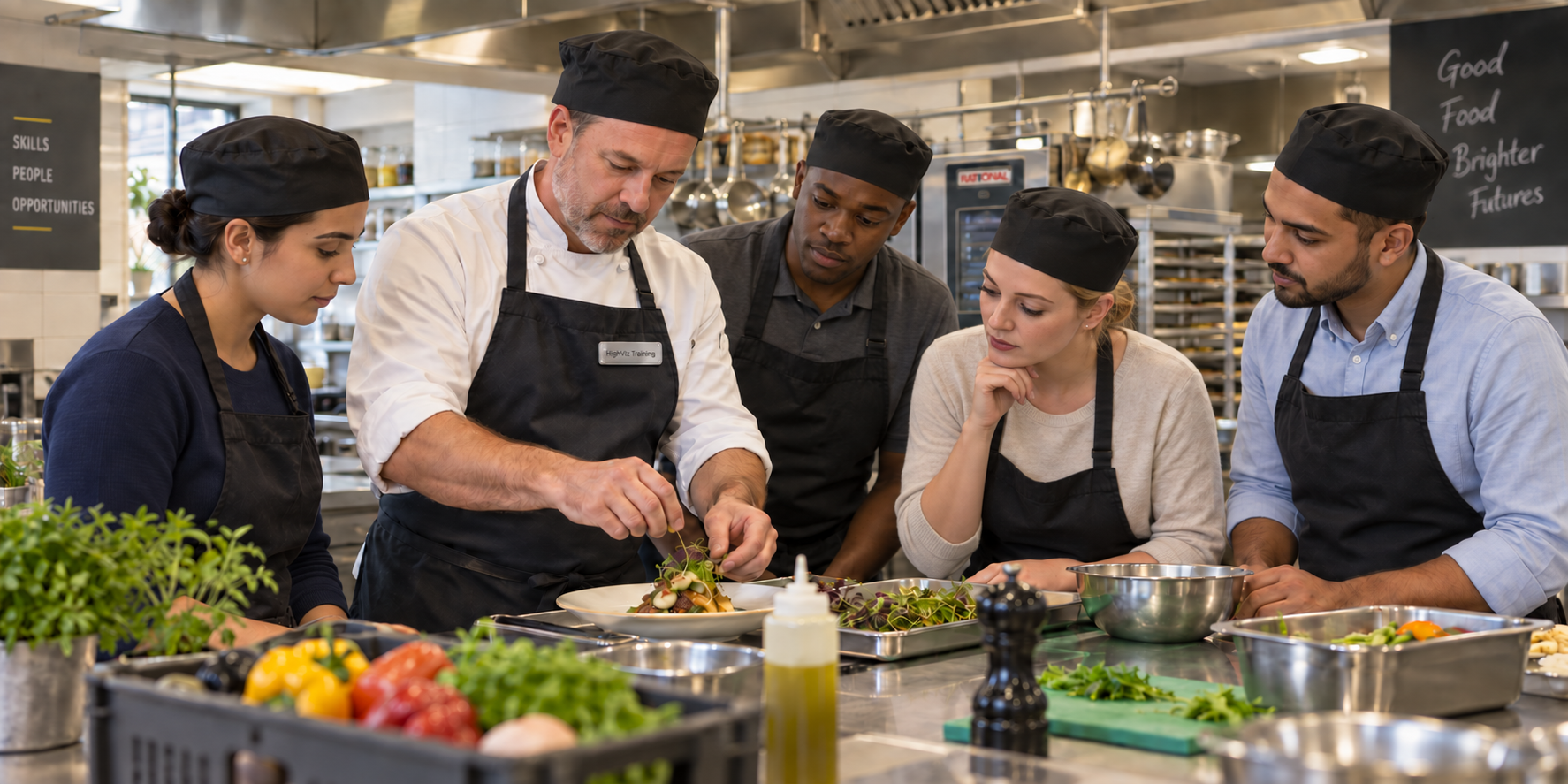 Chef trainer demonstrating food preparation to hospitality trainees in a professional kitchen